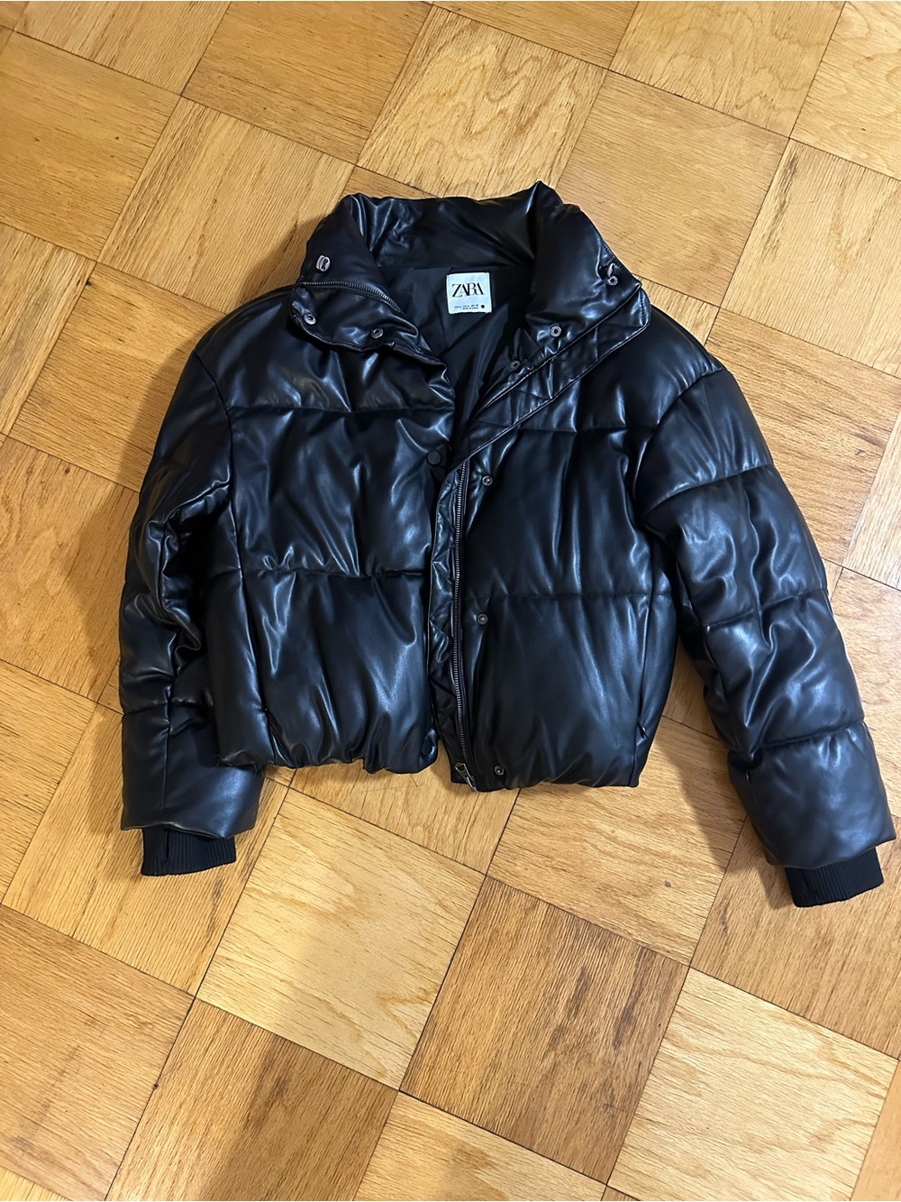 Zara Black Faux Leather Puffer Jacket